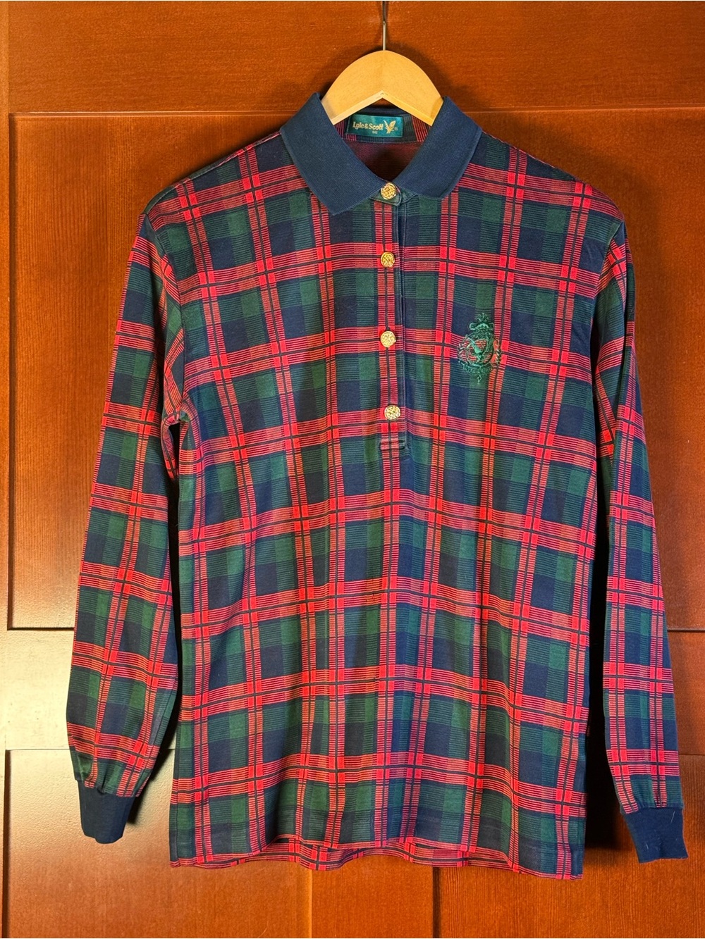 Vintage Lyle & Scott Tartan Plaid Polo Shirt 95 Cotton Preppy Long Sleeve M